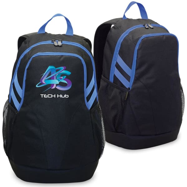 A black and blue laptop backpack featuring a mesh side pocket and a logo on the front.