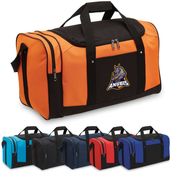 An orange duffle bag with black accents and a logo, featuring additional bags in blue and black.