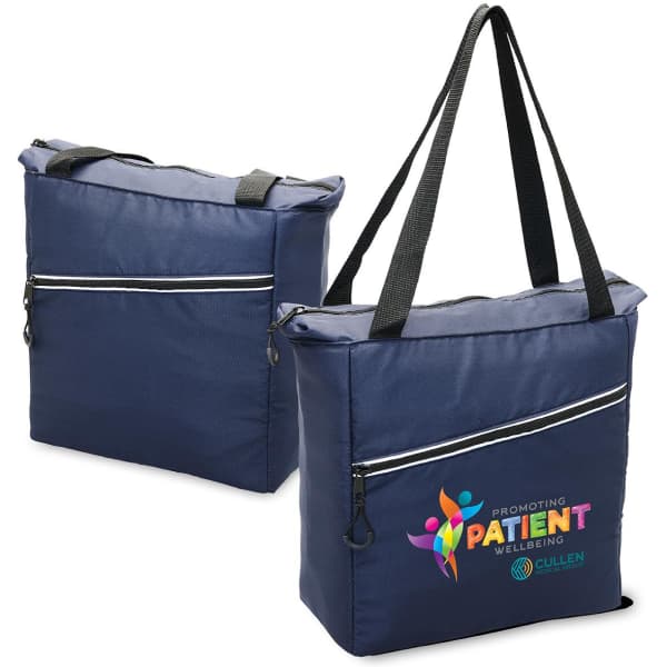 A navy blue cooler bag with a zippered front pocket and dual shoulder straps. It features a logo on the front.