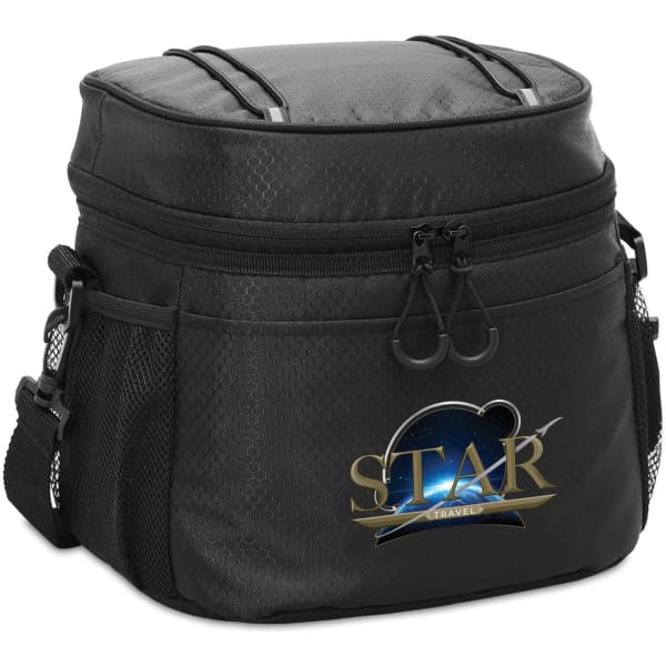 A black cooler bag with a textured surface, featuring a logo and zippered compartments.