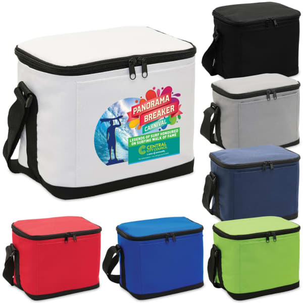 A cooler bag featuring a variety of colours, including white, black, grey, red, blue, and green. It has a logo.