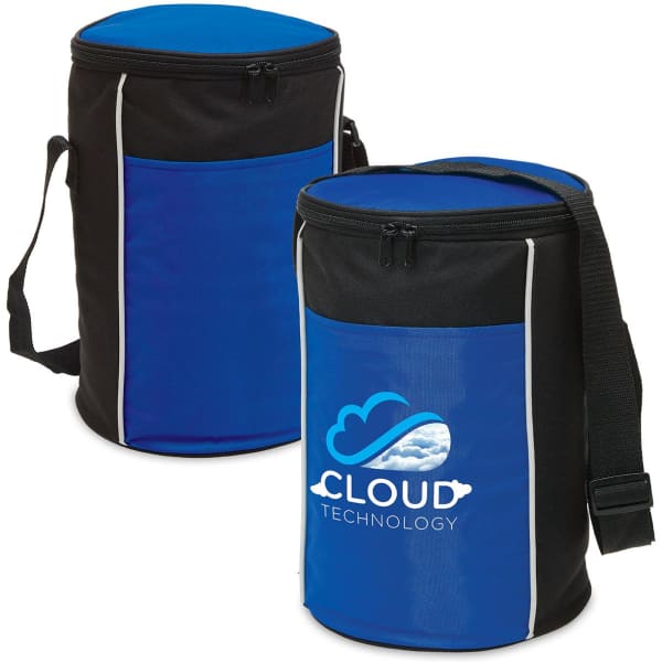 A drink bottle cooler in black and blue, featuring a shoulder strap and a logo on the front.