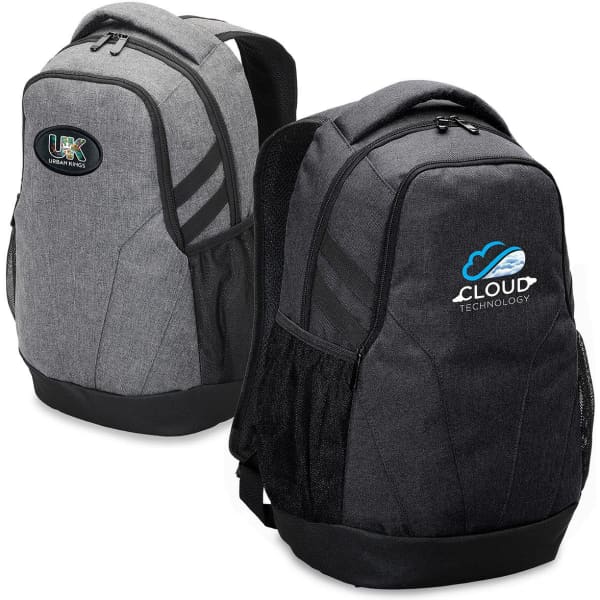 A grey laptop backpack with black accents, featuring two different logos on each side and mesh side pockets.