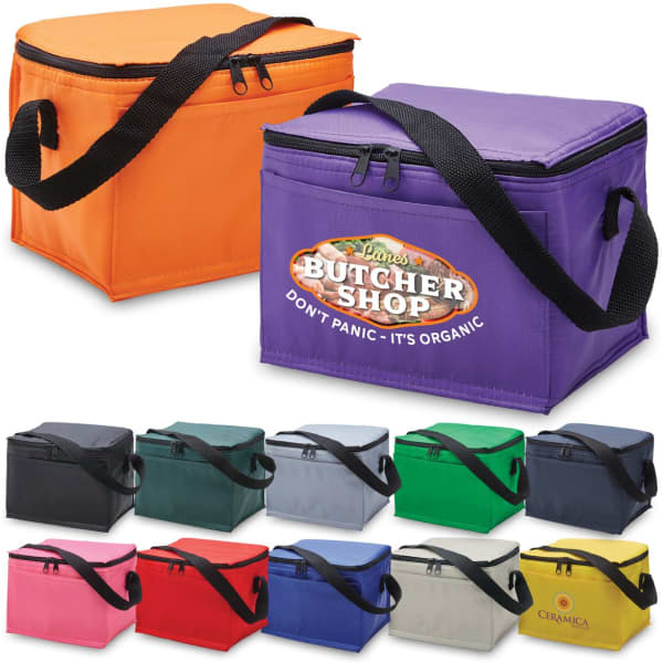 A selection of cooler bags in various colours, featuring a logo on one bag. The bags have black straps and zip closures.