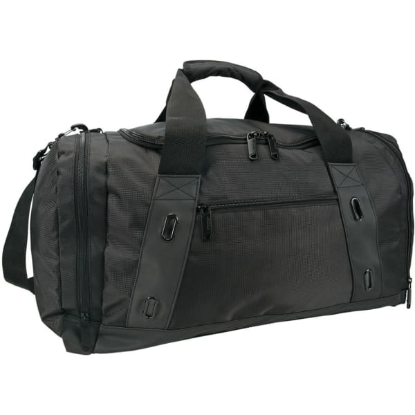 A black duffle bag featuring multiple zippered compartments and a shoulder strap, with a logo on the side.