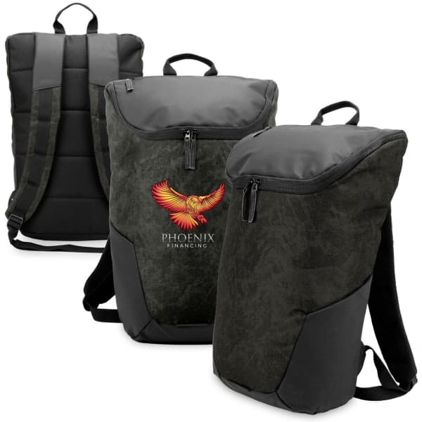 A green laptop backpack with a padded back, featuring a logo and multiple zipped compartments.