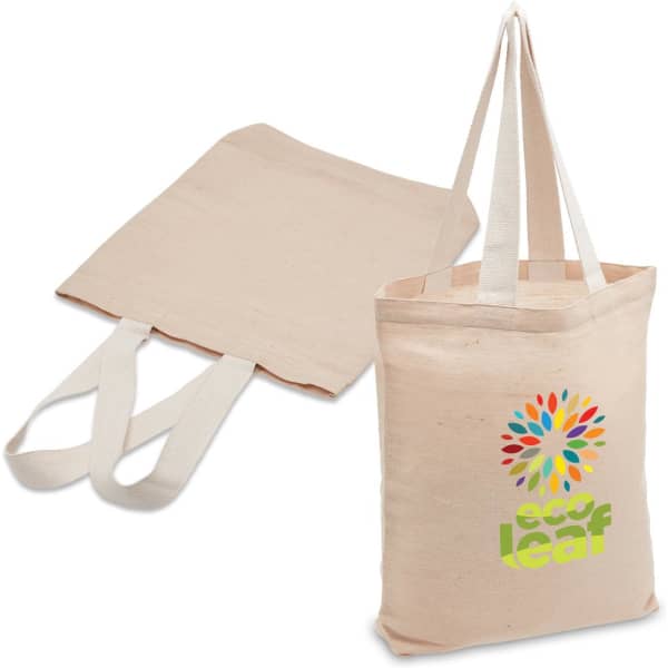 A natural-coloured tote bag with two handles and a logo on the front.