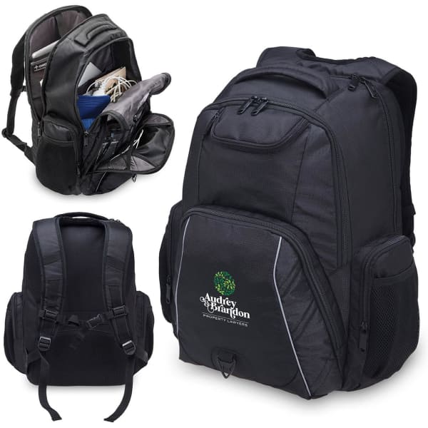 A black laptop backpack featuring multiple compartments and pockets, including side mesh pockets and a logo.