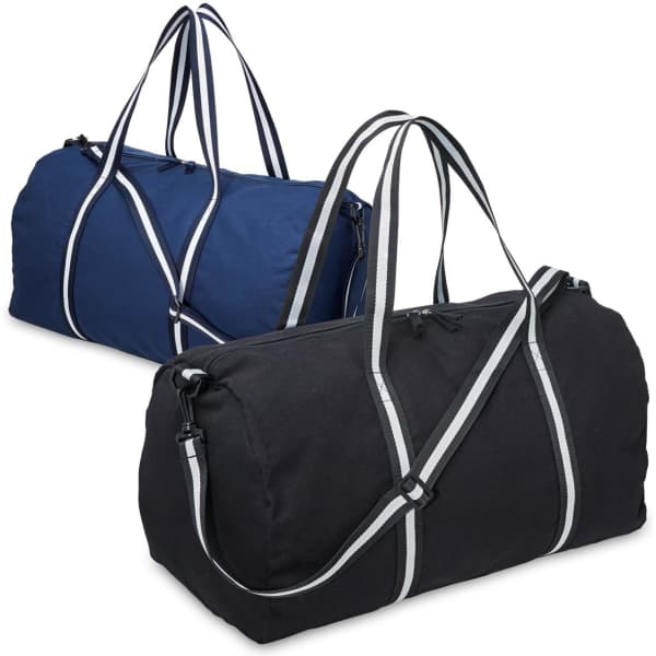 A canvas duffle bag in black and one in navy blue, both featuring contrasting striped handles and a logo.