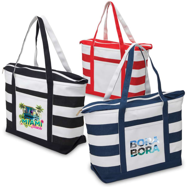 A red, navy, and black striped tote bag with a logo on each variant. Each bag features sturdy handles and a zip closure.