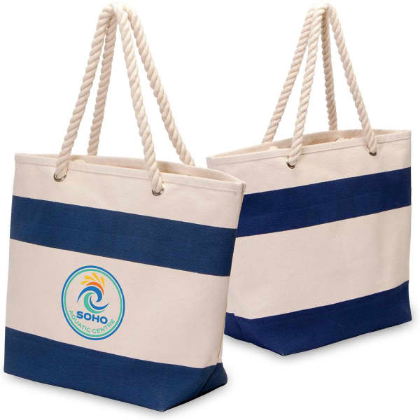 A navy and cream striped tote bag with twisted handles and a logo on the front.