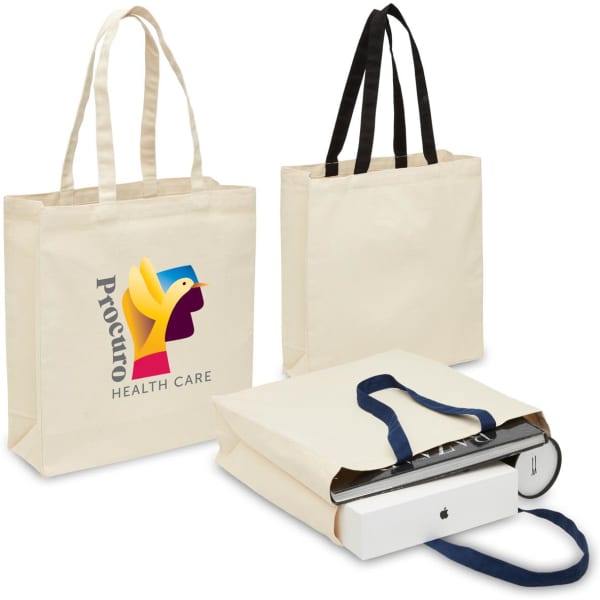 A heavy-duty canvas tote in natural colour with black and blue handles, featuring a logo on one side.
