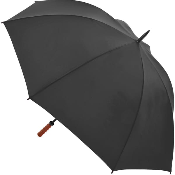 A black umbrella with a wooden handle, featuring a logo on the canopy.