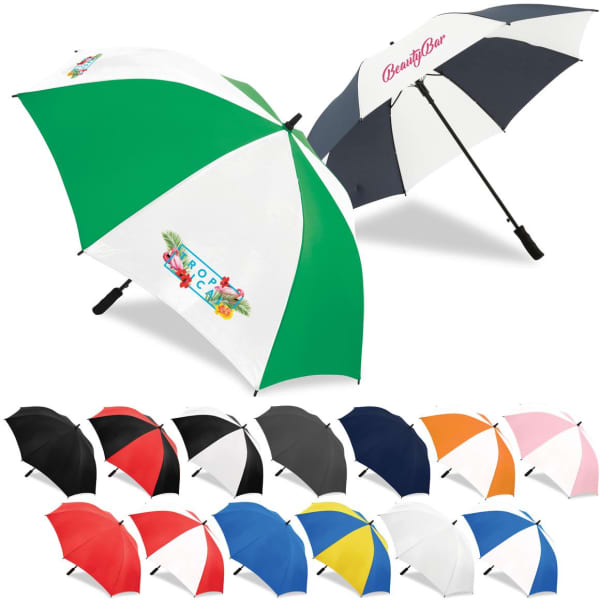 A collection of various umbrellas in multiple colours, including green, black, white, and orange, featuring logos.
