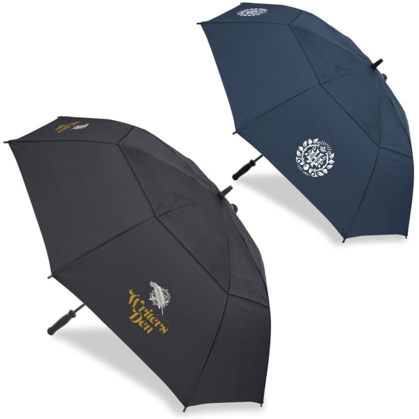 Two umbrellas are displayed, one black and one dark blue, both featuring simple designs and a logo.