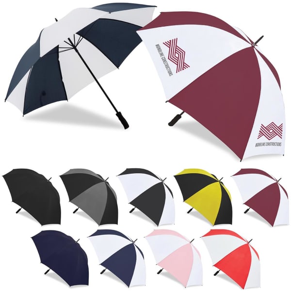 Two large umbrellas in navy and white, and maroon and white, alongside a variety of black, grey, yellow, and red umbrellas.