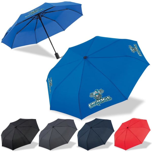 A compact umbrella in blue, black, red, and dark red, featuring branding on the blue version.