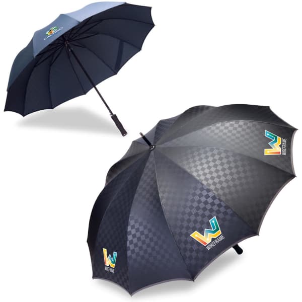A black umbrella with a checkered pattern and a logo, featuring a curved handle and a sturdy frame.