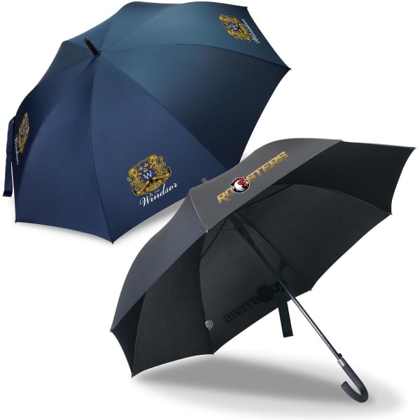 Two umbrellas displayed, one navy blue with a logo and the other black featuring a different logo.