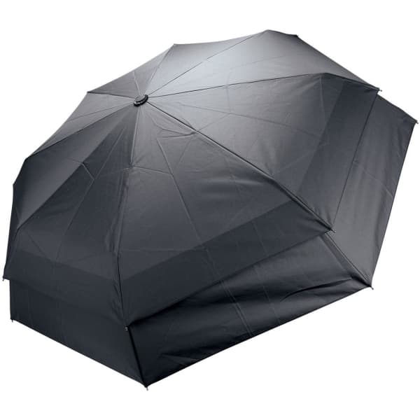 A black compact umbrella with a sleek design and a logo, featuring multiple ribs for stability.