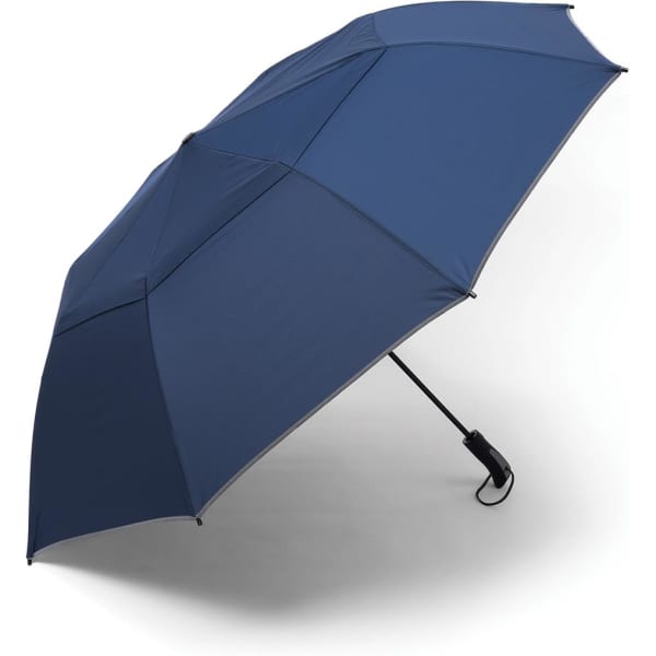 A navy blue compact umbrella with a black handle and a logo on the canopy.