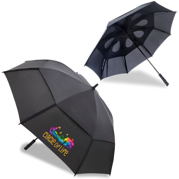 A black umbrella with a unique design and a logo, featuring contrasting inner panels.