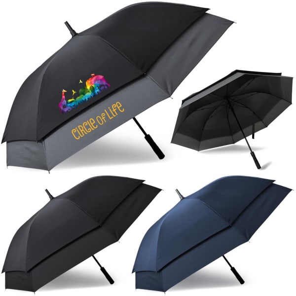 A collection of four umbrellas in black and navy, featuring different designs and one with a logo.