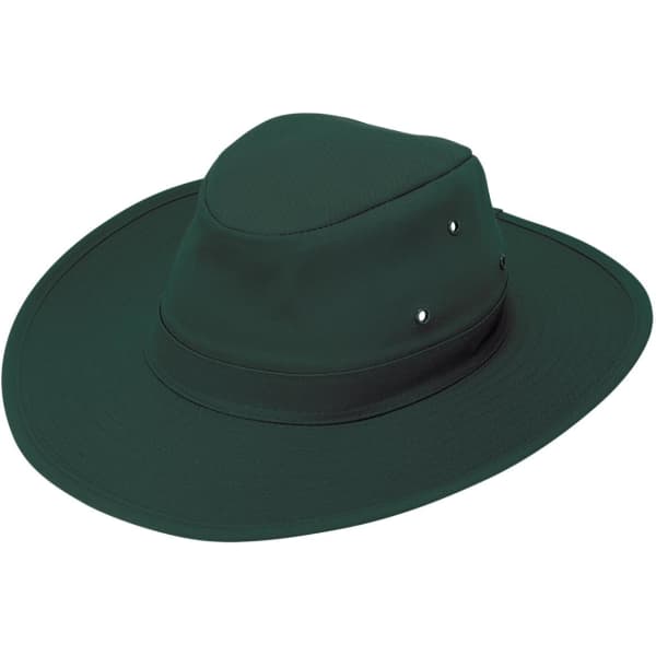 A dark green slouch hat with a wide brim and ventilation holes. It has a simple logo on the band.