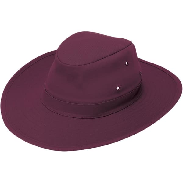 A maroon slouch hat with a wide brim and small metal accents, featuring a logo on the side.