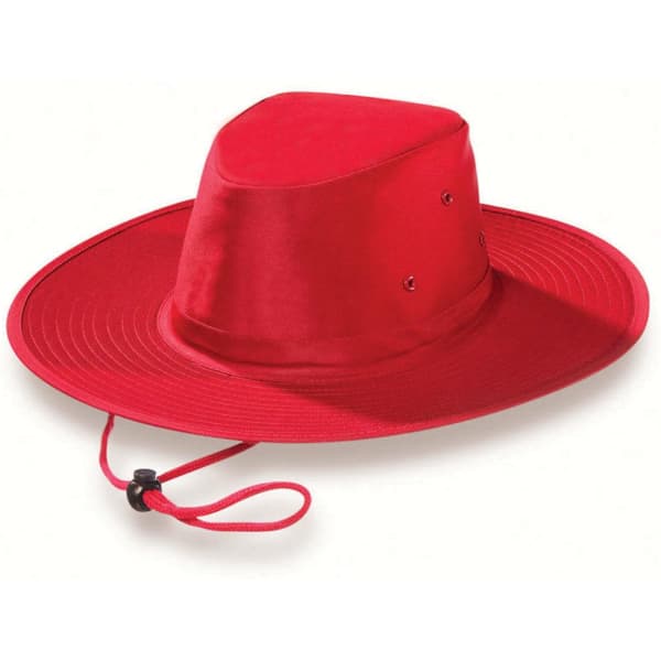 A red Poly Viscose Slouch Hat with a wide brim and an adjustable chin strap, featuring ventilation holes.