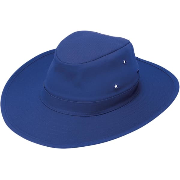 A blue Poly Viscose slouch hat with a wide brim and eyelets, featuring a logo.