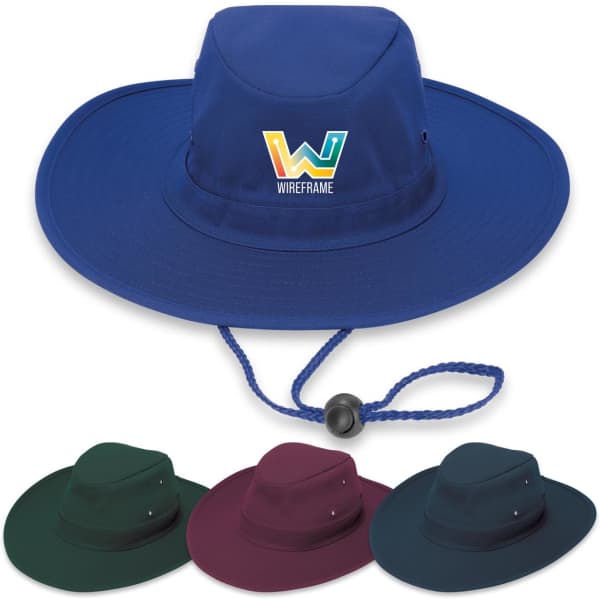 A blue Poly Viscose Slouch Hat with a logo, alongside green, burgundy, and navy options.