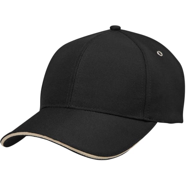 A black cap with a contrasting beige trim and an eyelet on the side, featuring a logo on the front.