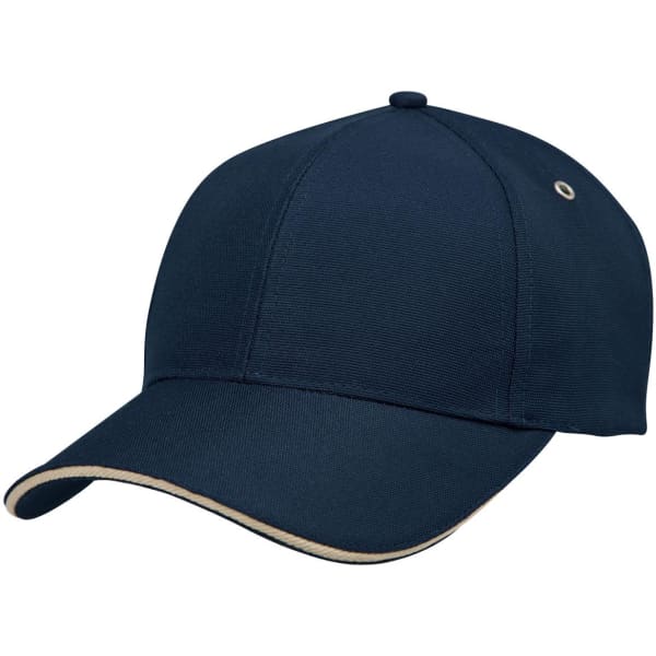 A navy cap with a contrasting trim and a logo on the side.