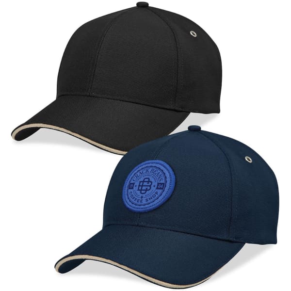 Two caps are displayed, one in black and the other in navy blue, both featuring a logo on the front.