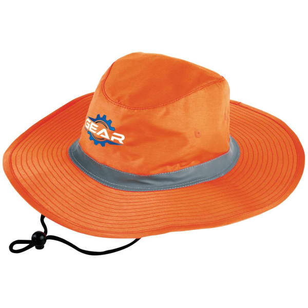 A bright orange safety hat with a wide brim, featuring a reflective grey band and a logo.