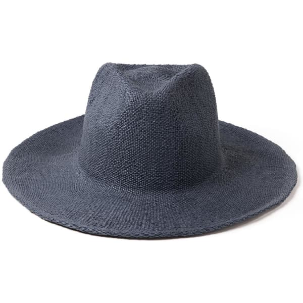 A dark grey straw hat with a wide brim and a round crown, featuring a subtle texture. Includes a logo.