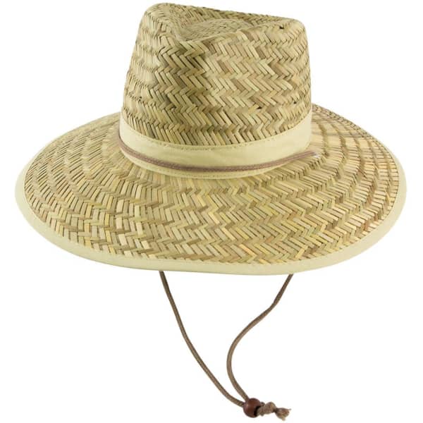 A straw hat with a wide brim and a toggle cord, featuring natural tones and a woven pattern.