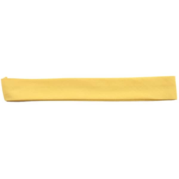 A yellow toggle for a straw hat, featuring a simple and streamlined design. It includes a logo.