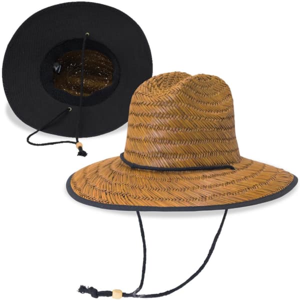 A straw hat in burnt straw colour with a black rim and adjustable chin strap. Features a mesh interior for breathability.