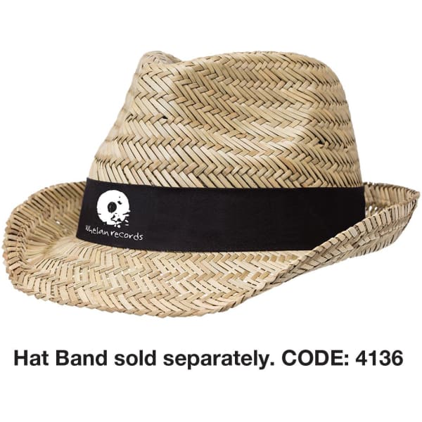 A straw fedora hat featuring a black band, displaying a logo on the band.