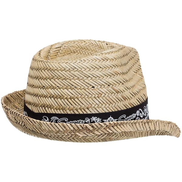 A straw fedora in natural tones with a black band featuring a decorative pattern.