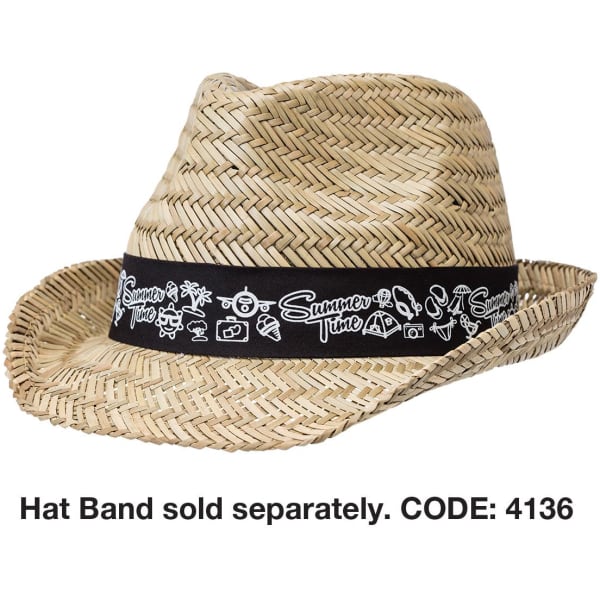 A straw fedora hat featuring a decorative black band with summer-themed designs.
