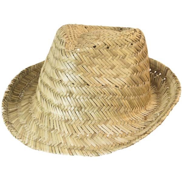 A straw fedora hat in a light natural colour, featuring a woven design and an internal logo.