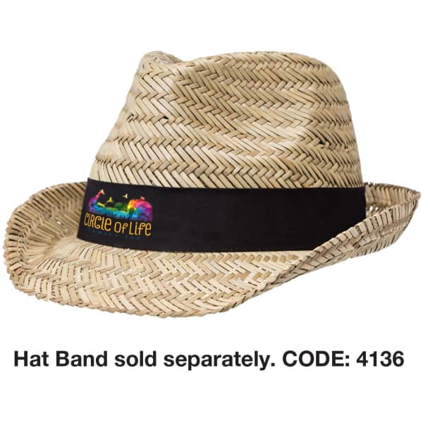 A straw fedora hat featuring a black band and a colourful logo, designed for warm weather.