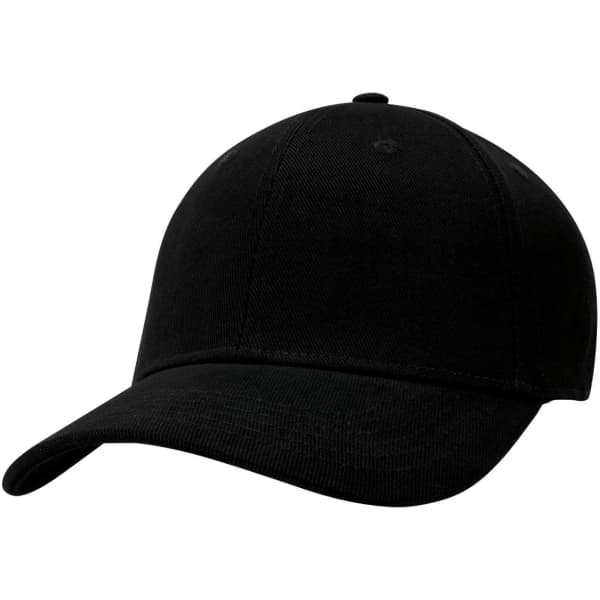 A black cap with a curved brim and a fitted design. It includes a logo on the front.
