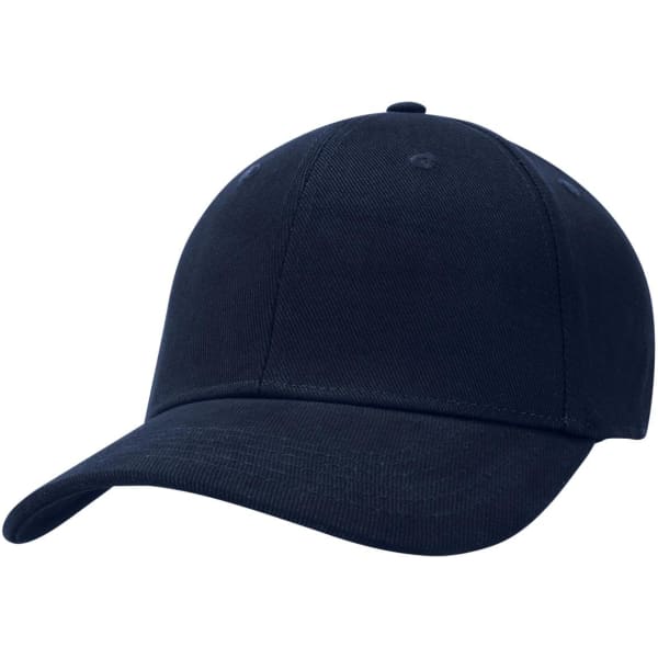A navy cap with a curved brim and a logo, designed for headwear.