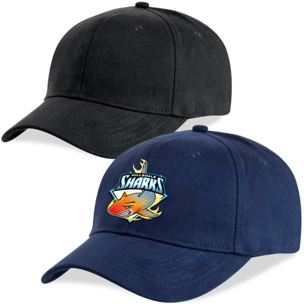 A black cap and a navy cap, featuring a logo on the navy cap. Both are structured baseball-style headwear.
