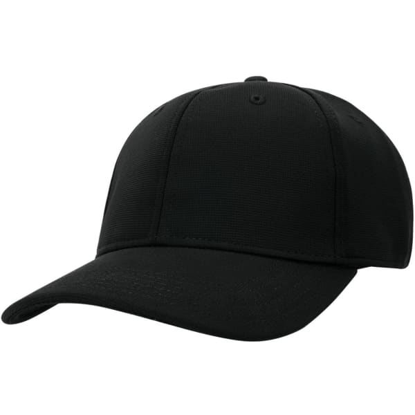 A black cap with a curved brim and a fitted design, featuring a solid colour and an unspecified logo.