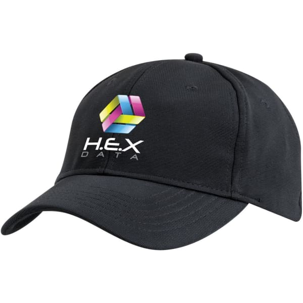 A black cap featuring a logo on the front. The cap has a curved brim and a classic design.